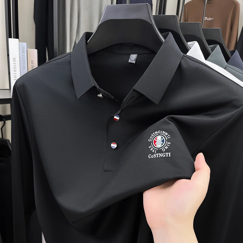 【New and Exclusive】Linen and Mulberry Silk Fabric with High Count and Density, Autumn 2025 New Printed Long-sleeved Polo Shirt