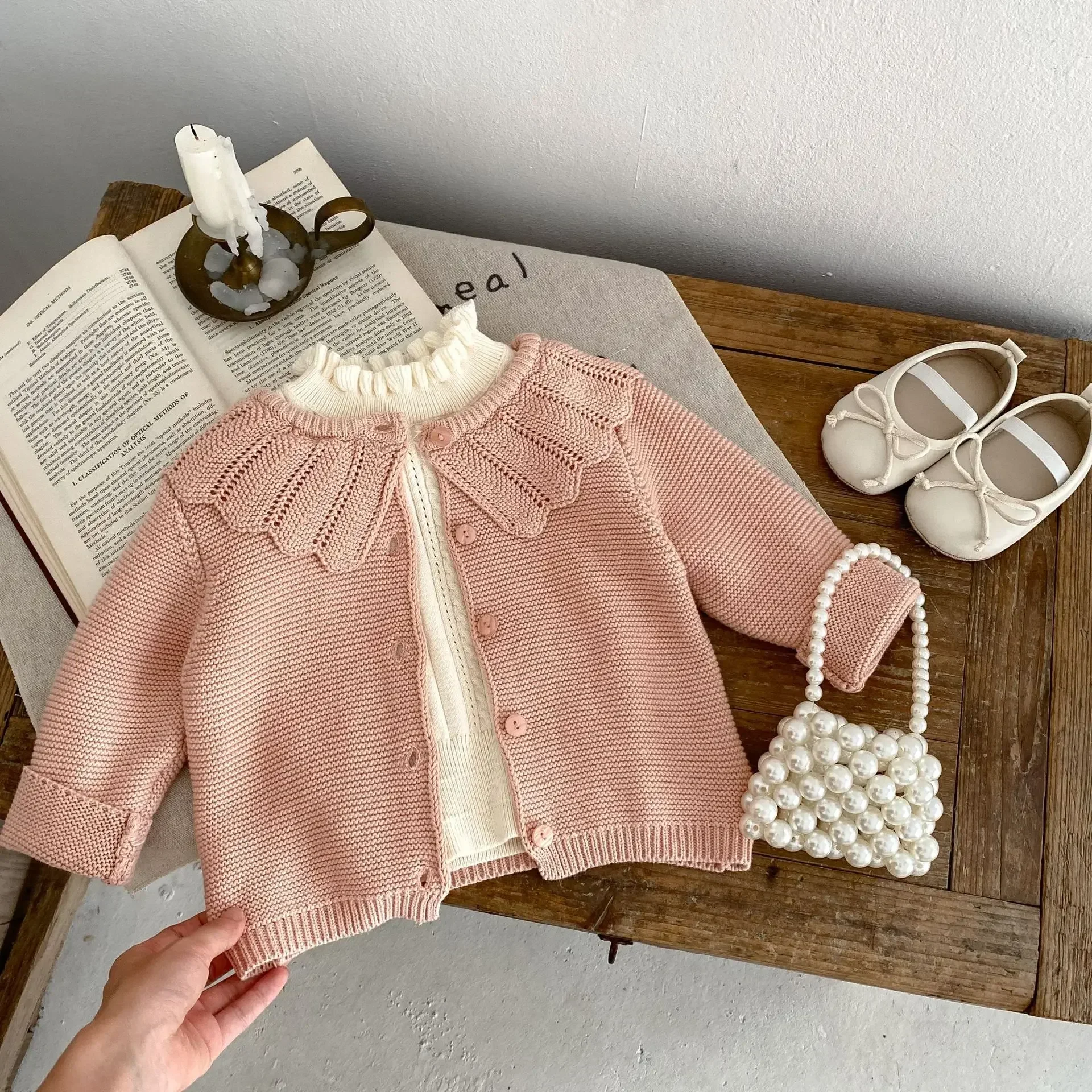 Casual Autumn Baby Boys Girls Knitted Coats Pink Large Curved Border Turndown Collar Sweaters Single Breasted Cardigans