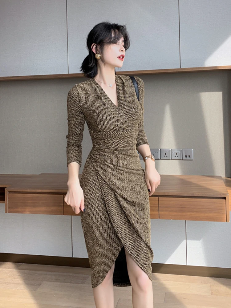 

Spring Wild Simple Soft Commuter Dresses for Women Bright Silk Solid V-neck Long Sleeve High Waist Folds Split Midi Gown Vestido