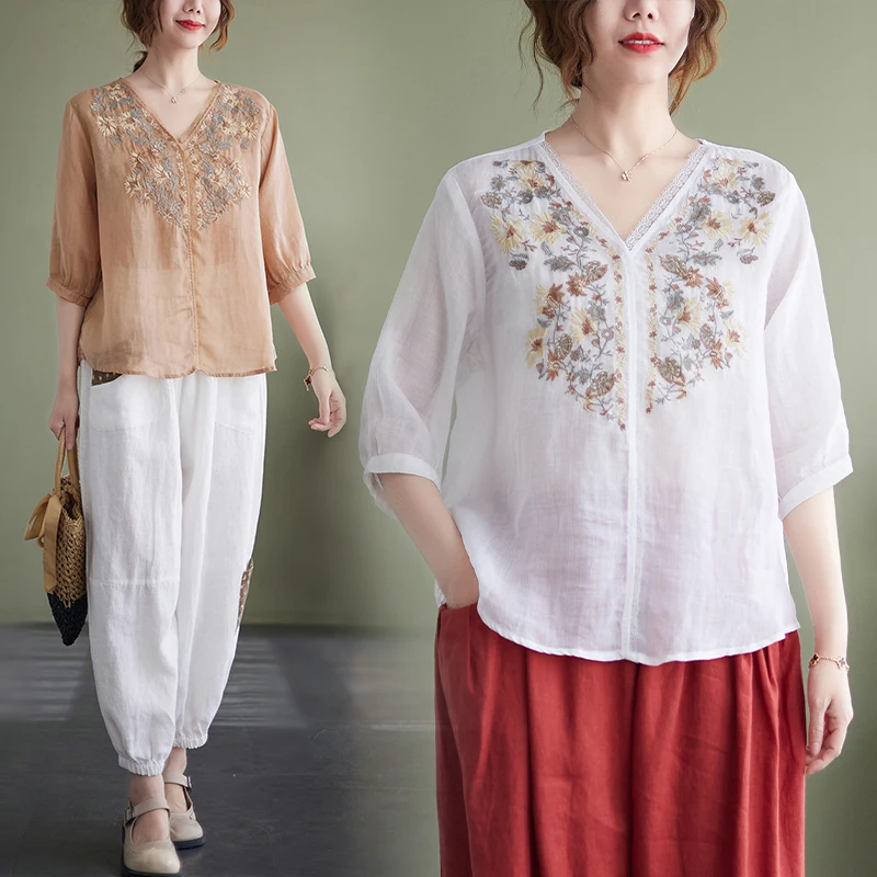 

Lightweight Embroidered Lace Patchwork Asymmetrical Svel V-ne Summer irt for plus Size Women Commute Sle Floral P...