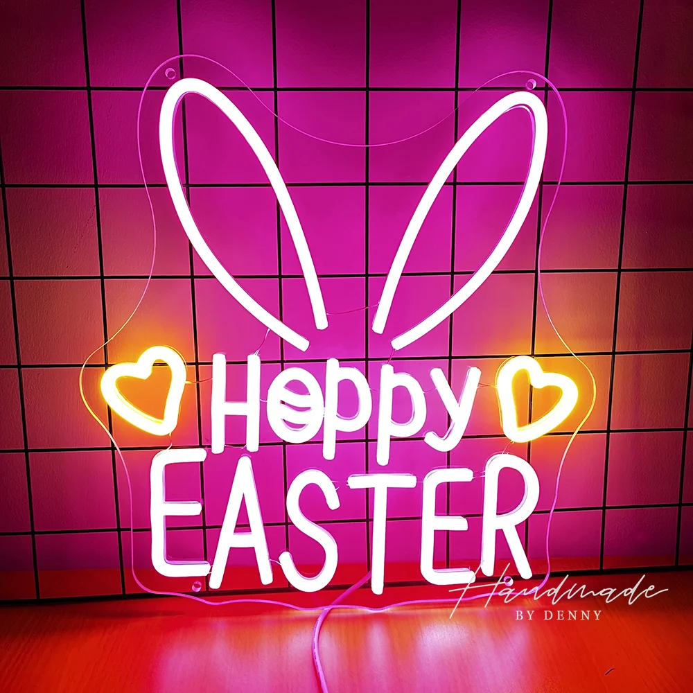 

Светодиодная неоновая вывеска «Счастливой Пасхи» - USB-светильник в виде кролика в модных очках, настенный декор, яркий розовый дизайн, прочный пластик, для гаража