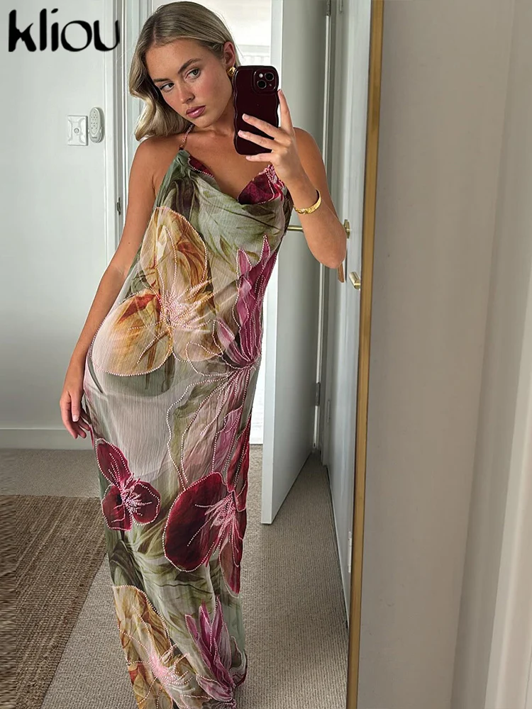 kliou Floral Print Women Dress Vacation Beach Style Suspendency Backless Halter Split Thin Vestidos Female Trend Attractive Wear