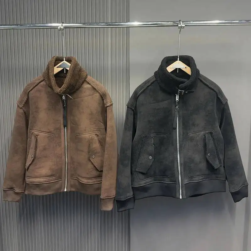 

High Quality Leather Hair Splice Lamb Fleece Zipper Stand Collar Loose Men Women Winter Keep Warm Jacket Coat Clothes