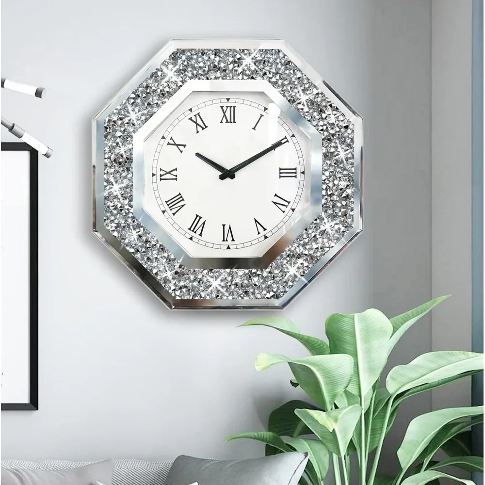 Octagon Mirror Glass Clock, Cute Diamond 20-inch Non-Ticking Clock for Wall Décor, Perfect Home Decor for Bedroom