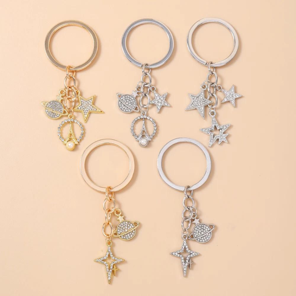 Aihua Zierlicher Strass-Stern-Schlüsselanhänger Kristall-Eiffelturm-Schlüsselring-Anhänger für Damen Mädchen Handtaschen-Deko Charms DIY Schmuck – Detail 2