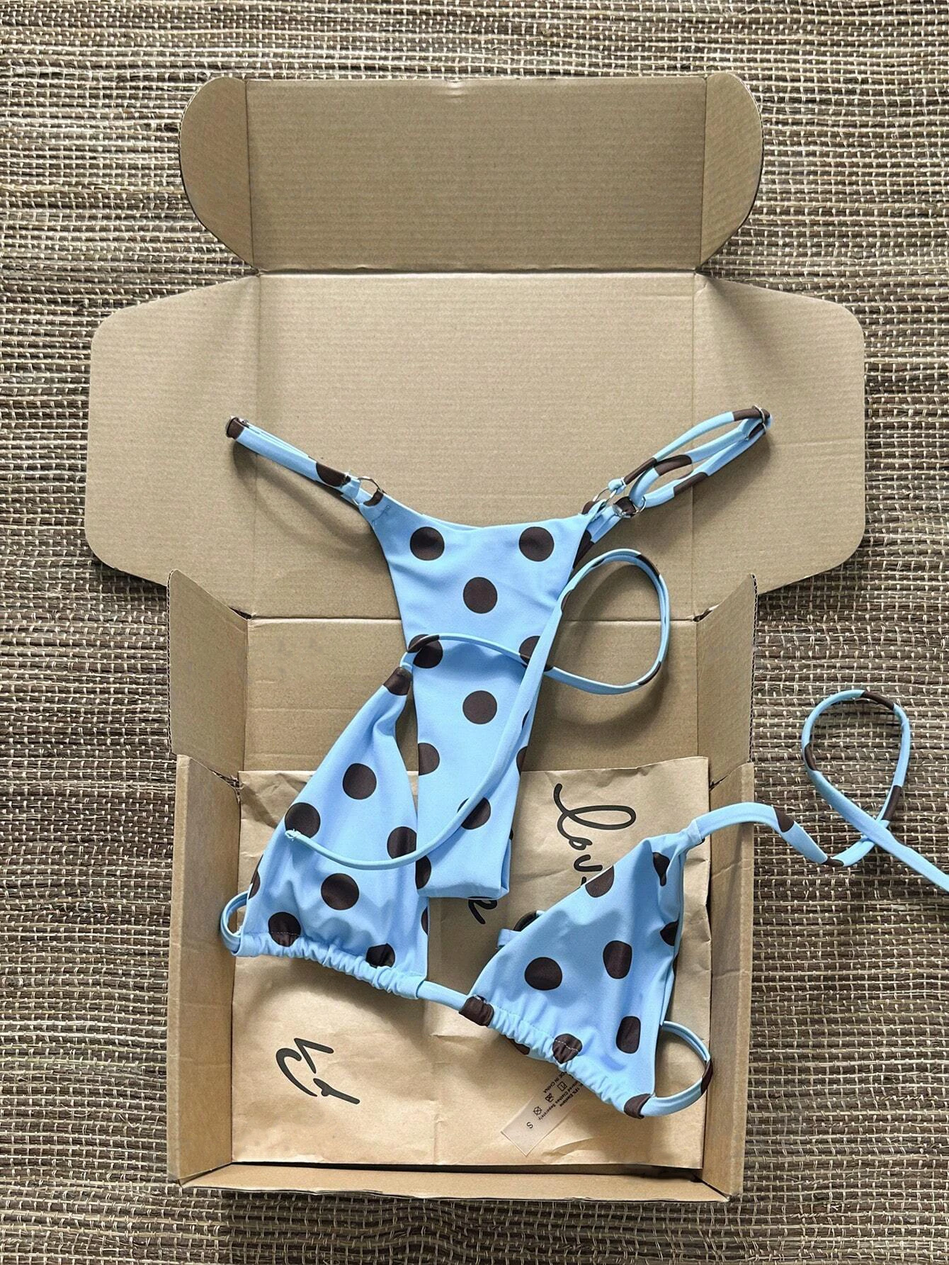 Blue Brown Polka Dot Triangle Bikini Set, Tie Side Adjustable Women 2 Piece Swimsuit Beach Bathing Suit