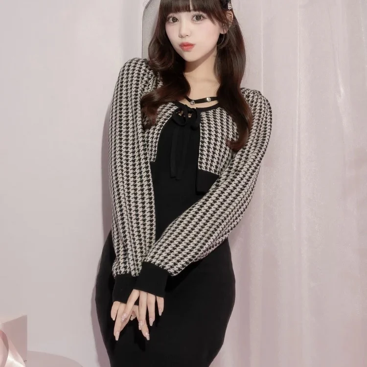 Vestido cárdigan de punto dulce japonés para niña, conjunto de 2 piezas, conjunto de vestido de punto elegante adelgazante para primavera y otoño