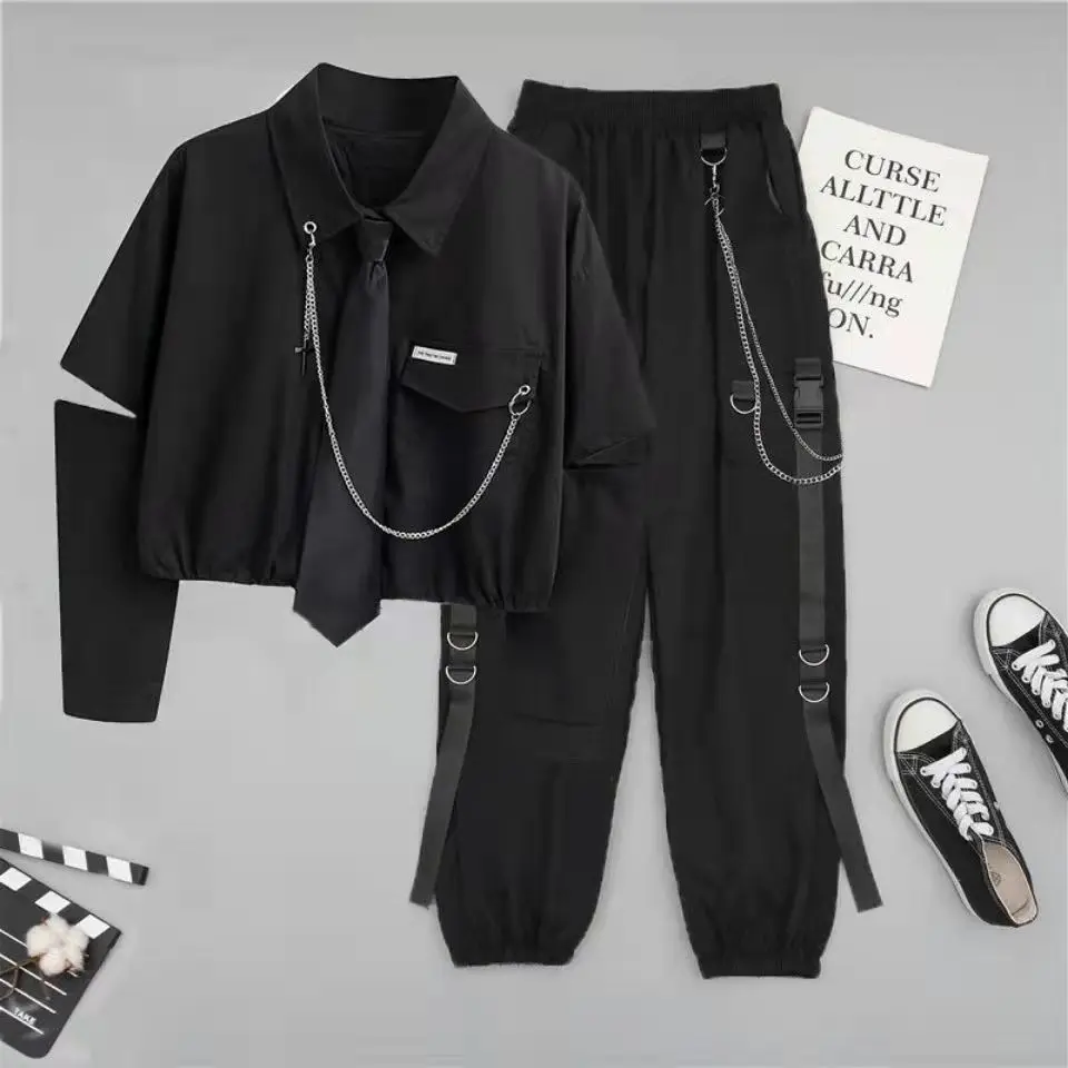 Autumn 2 Two Piece Sets Womens Outifits New Suit Female Student Korean Loose Long Sleeve Shirt + High Waist Cargo Pants Joggers