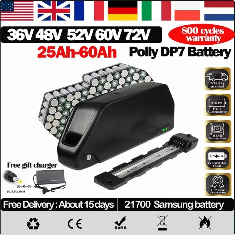 

Polly 48 В 60 В 72 В 30 Ач аккумулятор для электровелосипеда Downtube 52 В электрический аккумулятор 100A BMS Cham Rider оригинальный 21700 литий-ионный аккумулятор 3000 Вт