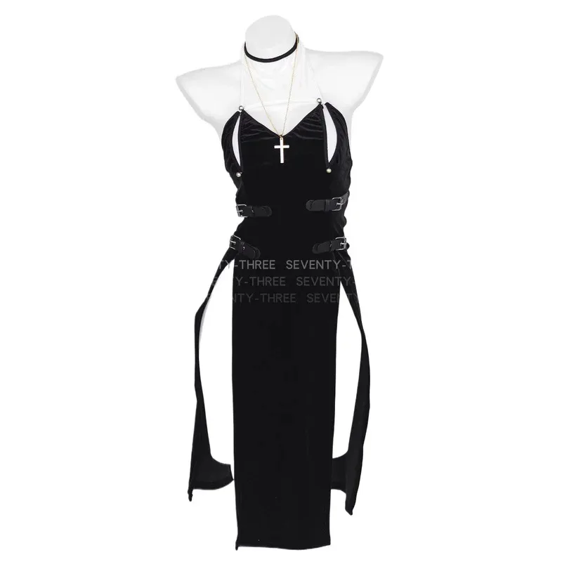 애니메이션 여성 수녀 역할 놀이 유니폼 하이 포크 홀로우 드레스 십자가 목걸이 의상 코스프레 의상 yi;4