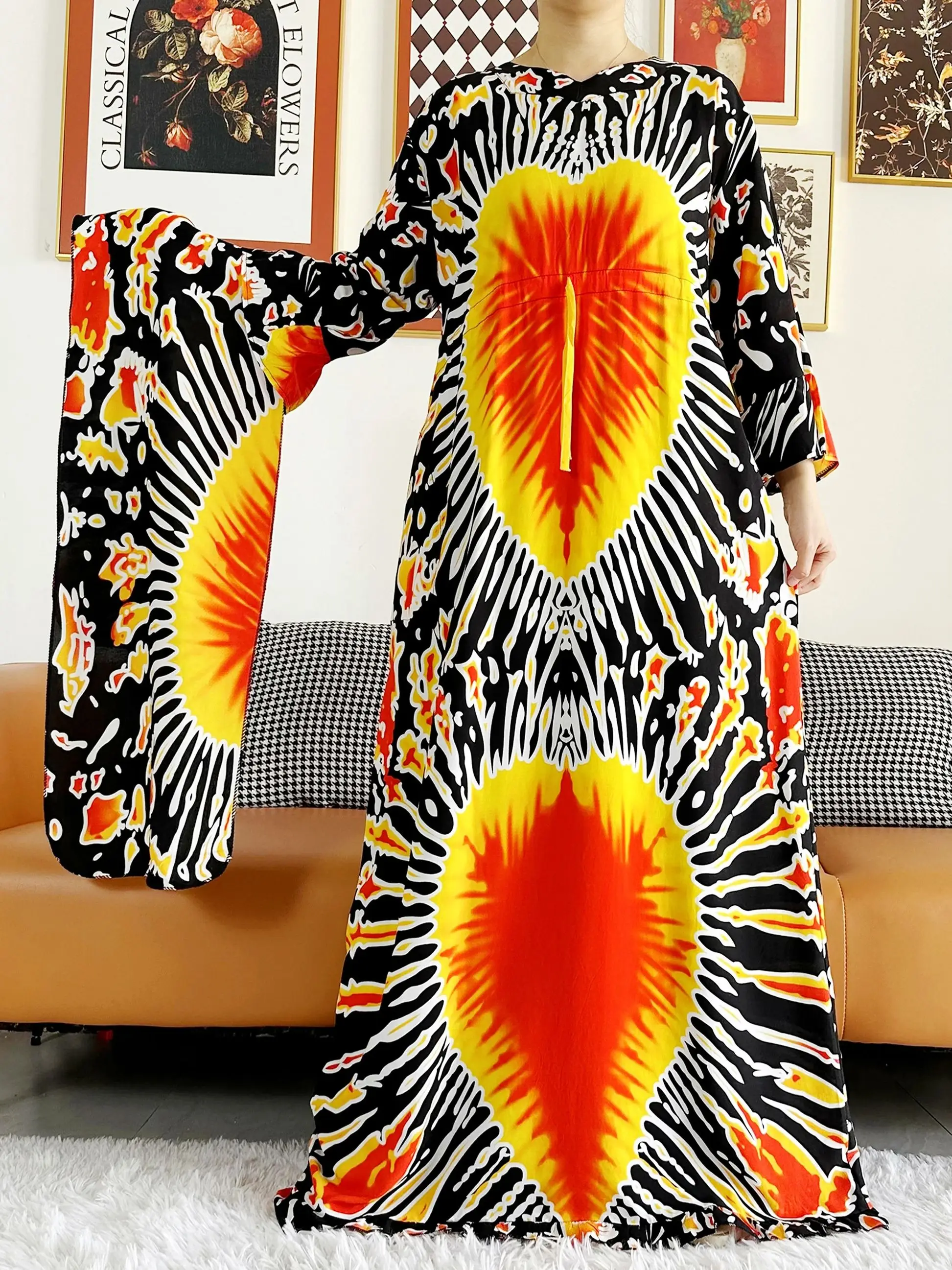 2024 Muslim Long Sleeve Tie-dyed Dashiki Cotton Floral Dress Printing Loose Caftan Dress Islamic Clothing Casual Vestido