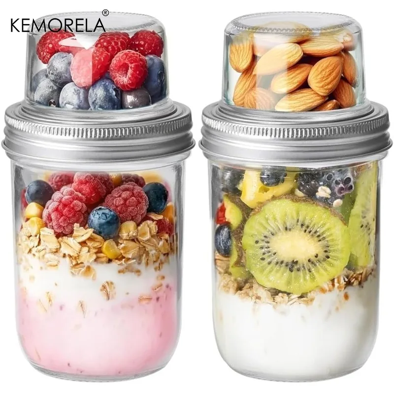 KEMORELA Frascos para avena nocturna con tapas, 1/2 unidades, recipientes portátiles de doble capa para yogur, pudín de chía, cereales, frutos secos, frutas y ensaladas