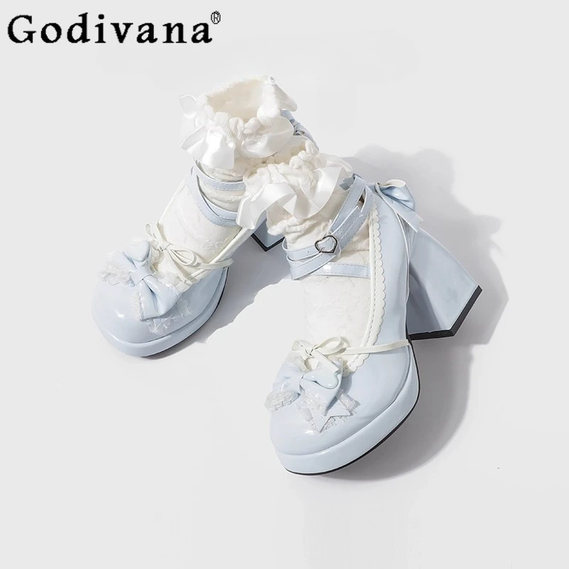 لوليتا الحلو JK حذا فردي للسيدات الفتيات النمط الياباني لوليتا ماري جين أحذية النساء عالية الكعب كعب مكتنز القوس أحذية من الجلد