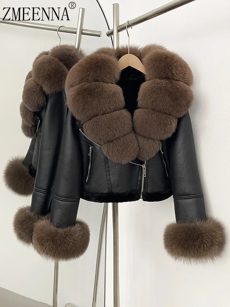 

ZMEENNA Women's Black Faux Leather Jacket Luxurious Fur Collar And Cuffs Warm Winter Fashionable Outerwear ZM3995