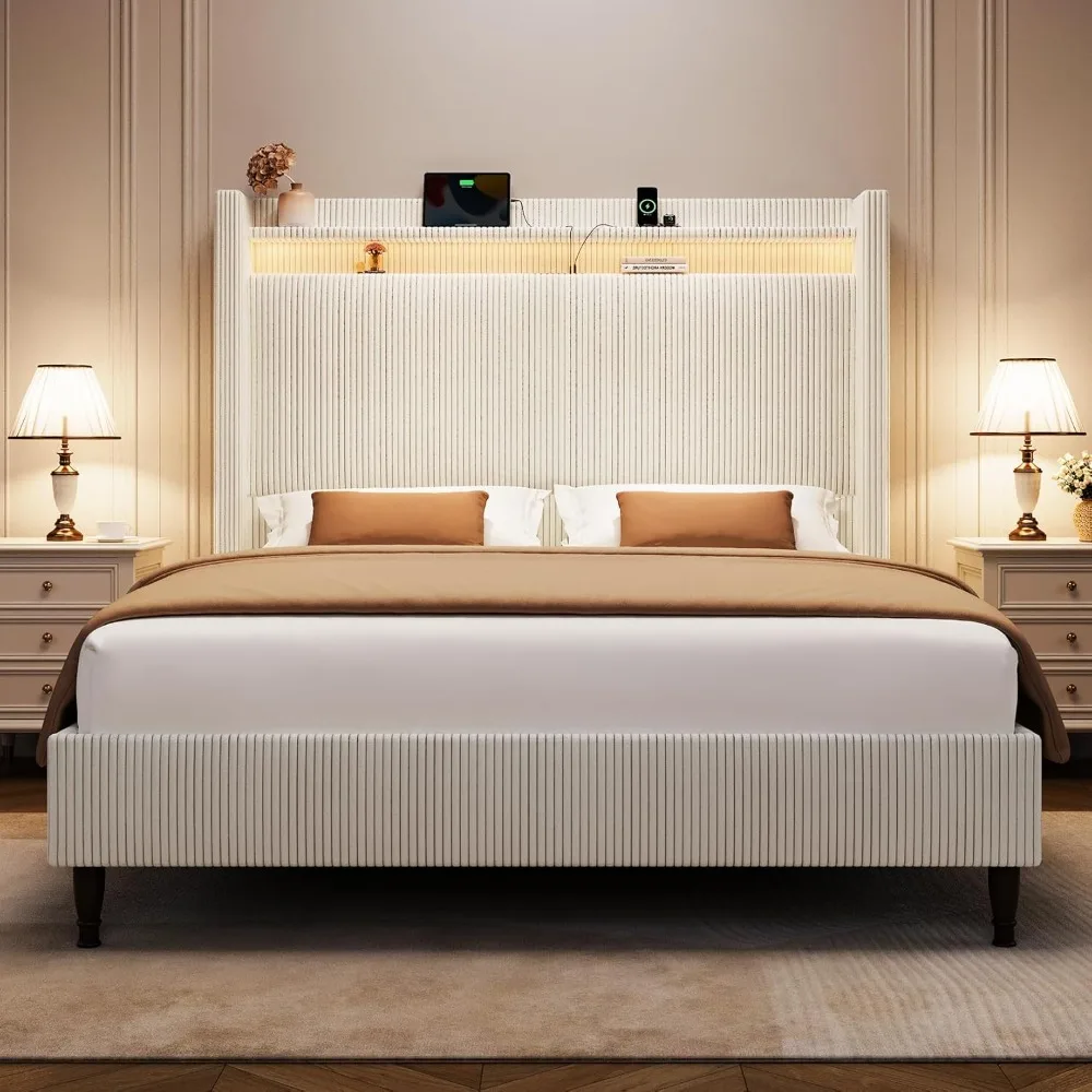 Elegant Queen-Sized Upholstered Bed with Tall Headboard, LED Lights, and Charging Station