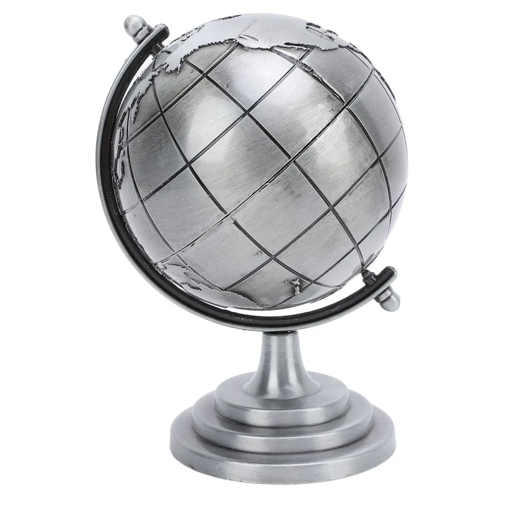1pcs Vintage Metal Stand Rotating Globe 360 Degree Rotation Gray Globe Adornment Metal Globe Home Decor