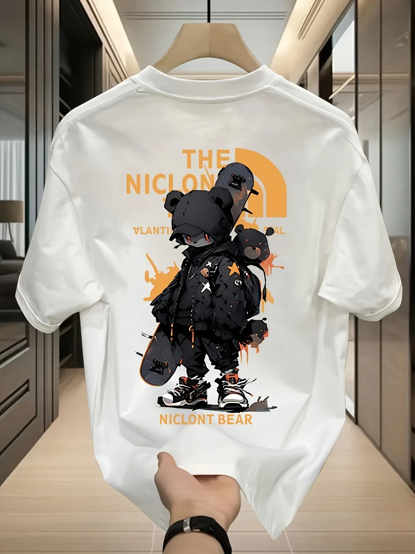 

Skateboard Bear Printed T-shirt Men's Summer 100% Cotton Fashion Street Trend T-shirt Loose Breathable Short Sleeve Top