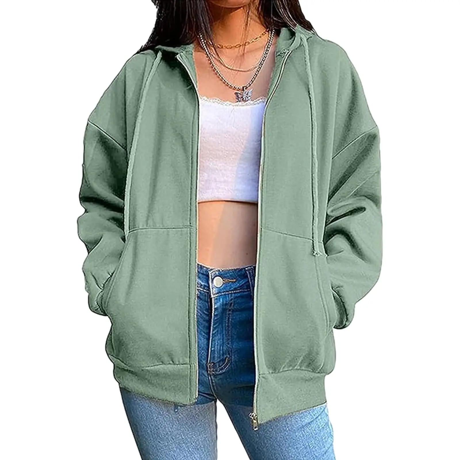 DZ-DZ Femmes Y2K Full Zip Up Hoodie Casual Manches sulfproximité wstring Dstressinitié Solide Sweat À Capuche Veste avec Poches