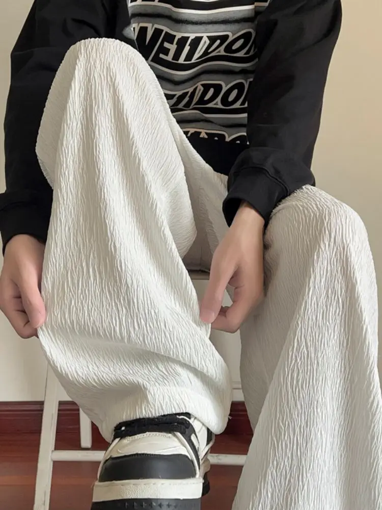 

Мужские брюки из ледяного шелка, весенне-осенние, с жатой текстурой, прямые, широкие, повседневные, в американском стиле, свободного кроя, длинные