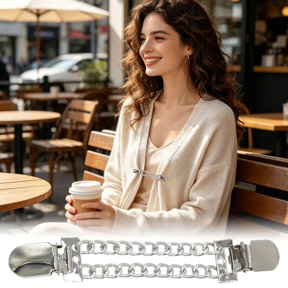 Fashionable Dress Fasteners 3pcs Vintage Sweater Clips for Women Retro Double Chain Cardigan Fasteners Elegant Collar Brooches