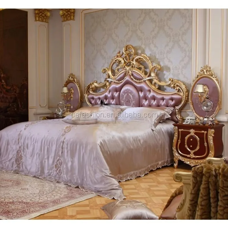 OE-FASHION Luxury Royal French Style Villa Solid Wood Carved Princess Bed