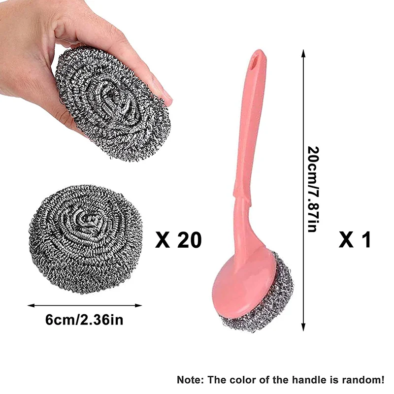 20Pcs Steel Wire Ball Brush with Handle Pot Cleaning Brush Dishwashing Brush Stainless Steel Wire Ball Kitchen Cleaning Sponges