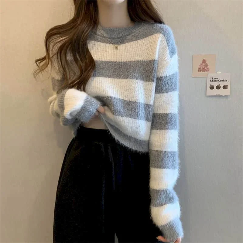 Trui Dames Truien O-hals Cropped Gestreept Ontwerp Gebreide Truien Losse Lange Mouwen Tops Outfit Koreaanse Stijl Kleding