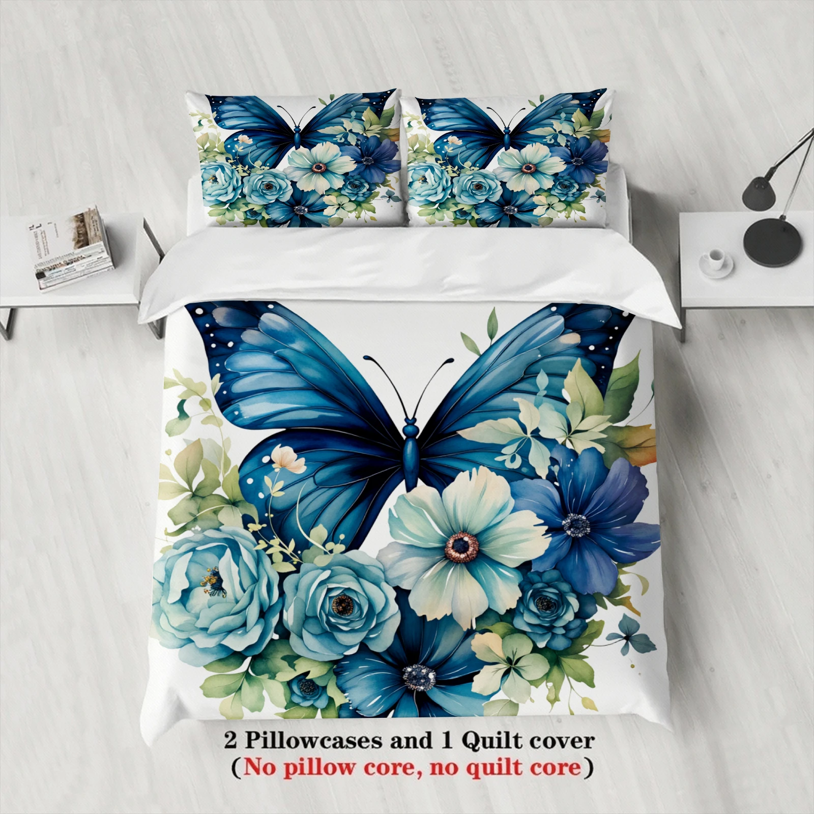 3pcs Butterfly Flower Bedding Sets 3D Printed Blue Floral Easy Care Duvet Cover Sets With Pillowcases No Filling