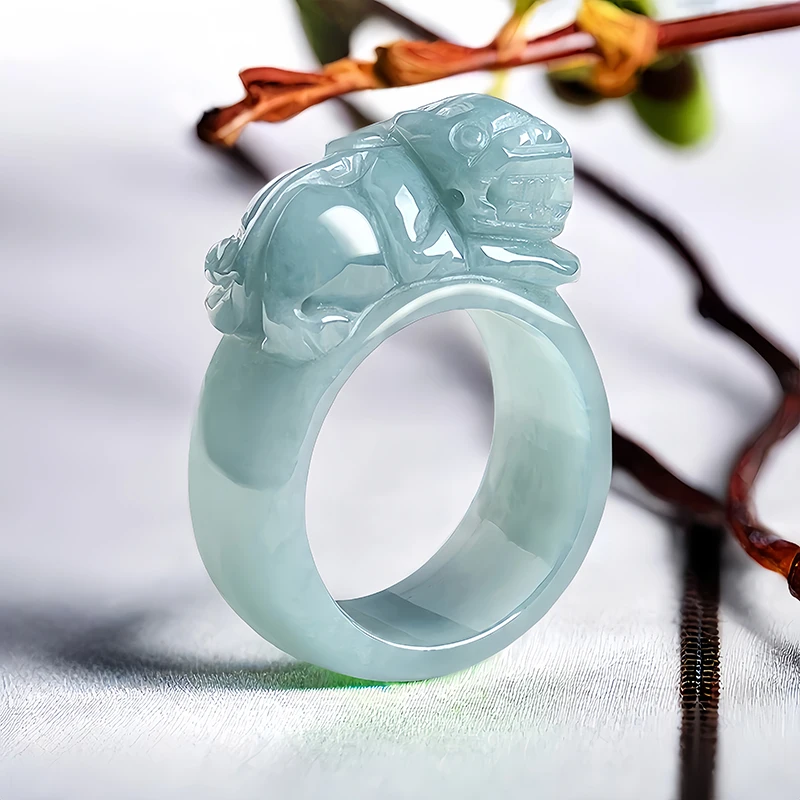 

Blue Real Myanmar Jade Pixiu Rings Luxury Vintage Carved Natural Jewelry Gemstone Burmese Jadeite Gifts Emerald Stone Talismans