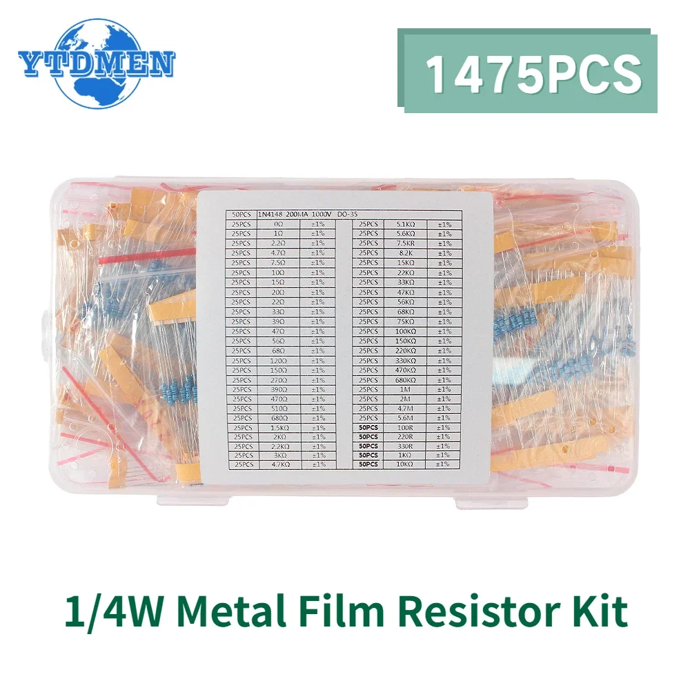 1475PCS 1/4W Metal Film Resistor Set 0 Ohm-5.6M Ohm 1% Color Ring Resistance with IN4148 Switching Diode Electronic Kit