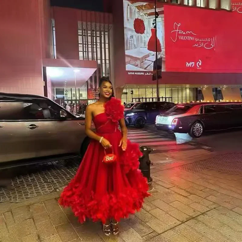 

Custom Red One Shoulder Prom Dresses Black Girls Ruffles Evening Gowns With Feather Women Formal Occasion Cocktail Party Dress