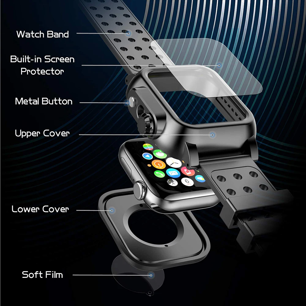 Silicone Case+Strap For Apple Watch band 44mm 40mm 38mm 42mm Sport IP68 Waterproof Wristband iWatch serie 3 2 1 4 5 6 SE cover