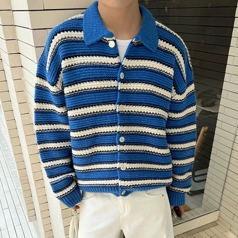 Vintage Striped Crochet Mens Sweater Jackets Casual Button-up Turn-down Collar Knit Cardigans Men Spring Autumn Fashion Sweaters