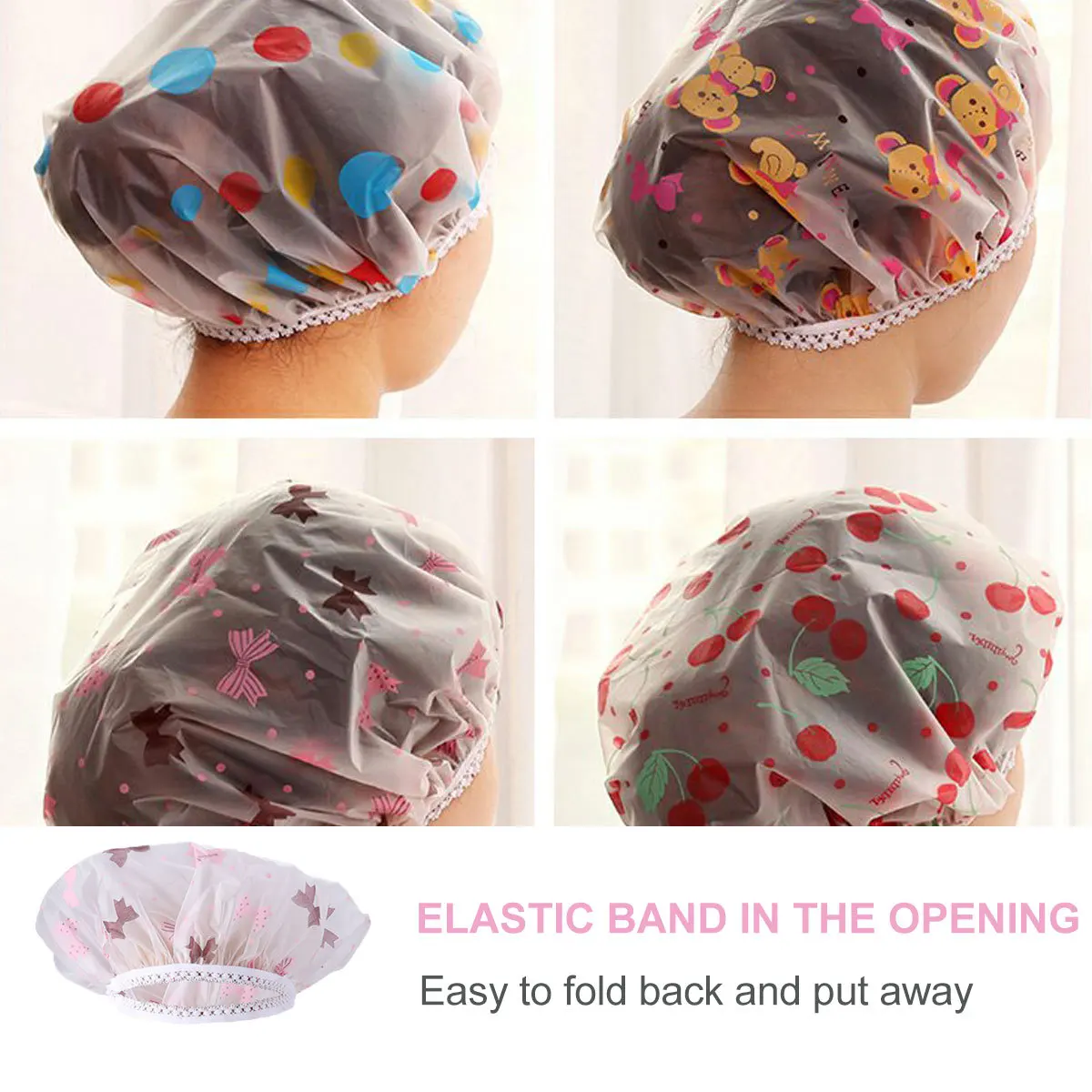 

5Pcs Shower Cap Waterproof Reusable Salon Bath Hat Elastic Band One Size Fits Most Soft Lightweight for Cooking Cleaning Face