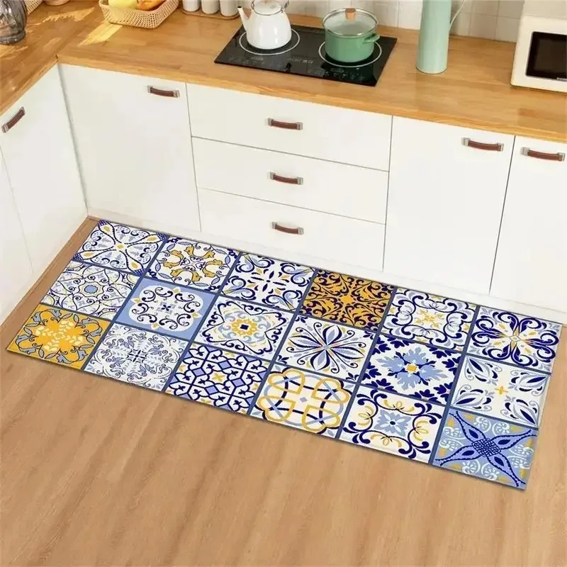 Blue Yellow Vintage Tile Collage Kitchen Long Runner Rug Mediterranean Style Kitchen Non-Slip Easy Clean Soft Floor Mat