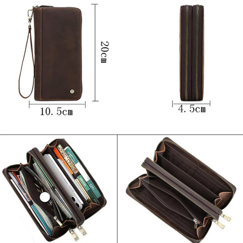 Fashionable British Style Top Layer Cowhide Crazy Horse Cowhide Men's Long Wallet Double Zipper Wrist Strap Carrying Men Wallets