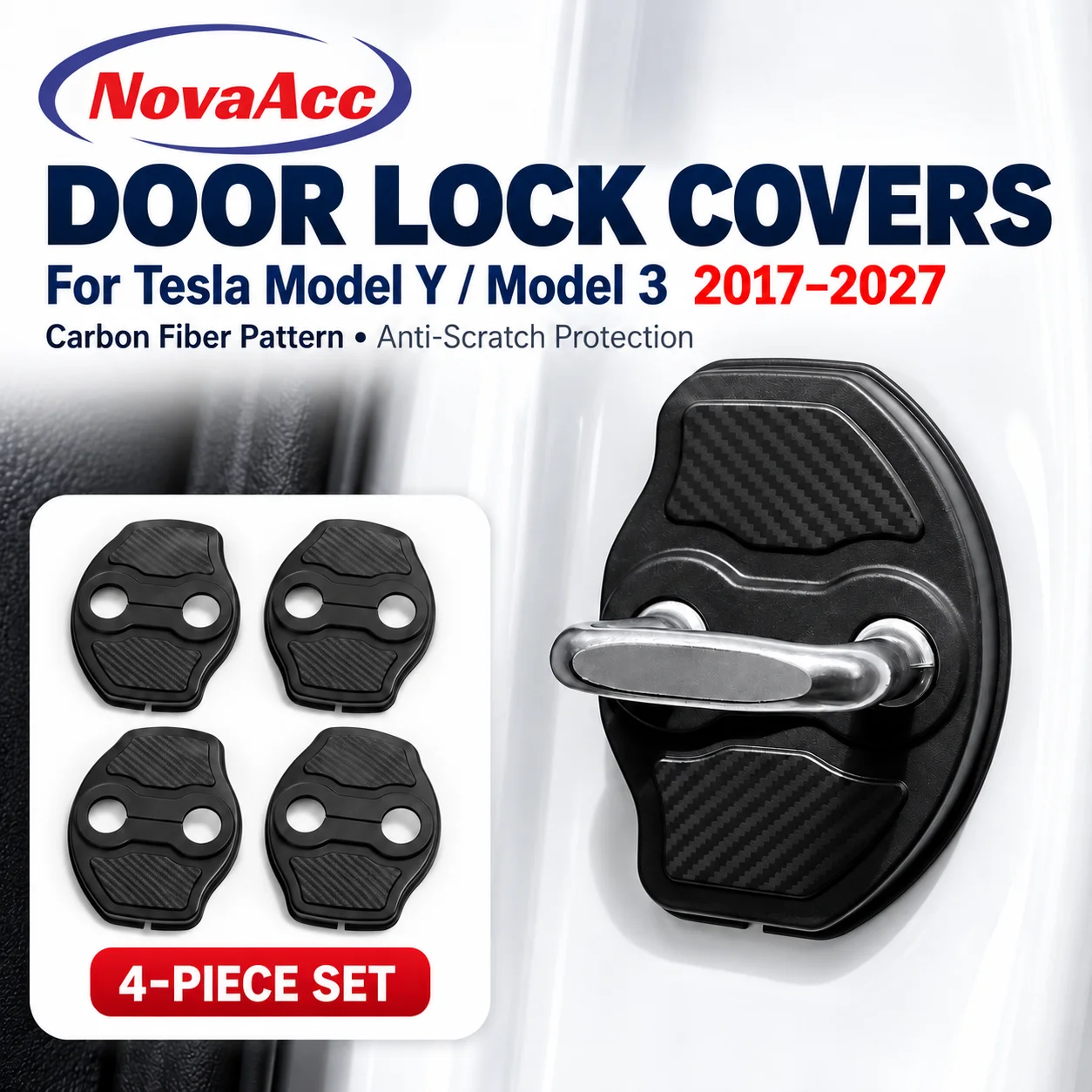NovaAcc Door Lock Latch Covers for Tesla Model Y Model 3 2017-2027 Carbon Fiber Pattern Door Striker Guards Protective Trim