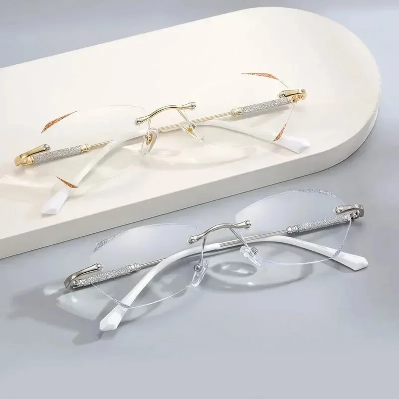 Ultra-light Metal Rimless Reading Glasses Ladies Fashion Diamonds Fine Flash High-definition Anti-blue Light Presbyopia Glasses