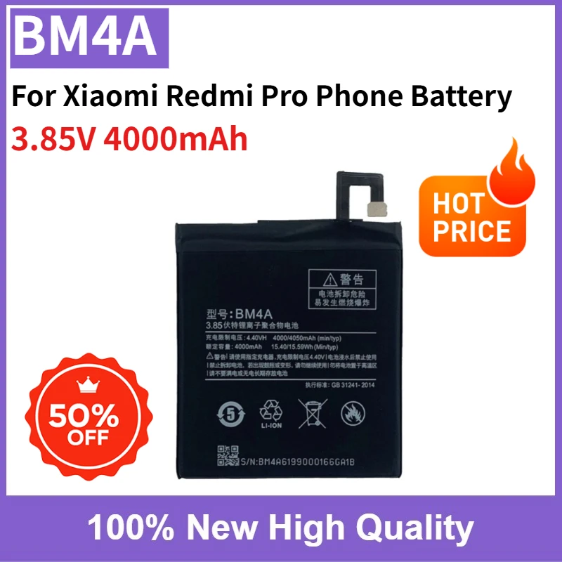 

3.85V 4000mAh BM4A Rechargeable Battery High Capacity for Xiaomi Redmi Pro Mobile Phone Battery 100% New Fast Shipping