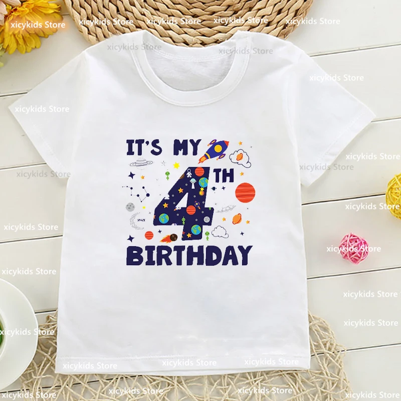 It Is My Birthday Space Number 2-10 T-Shirt Astronaut Rocket Ship Print Short Sleeve T-Shirts Gift Boys Girls Kids Clothes Tops