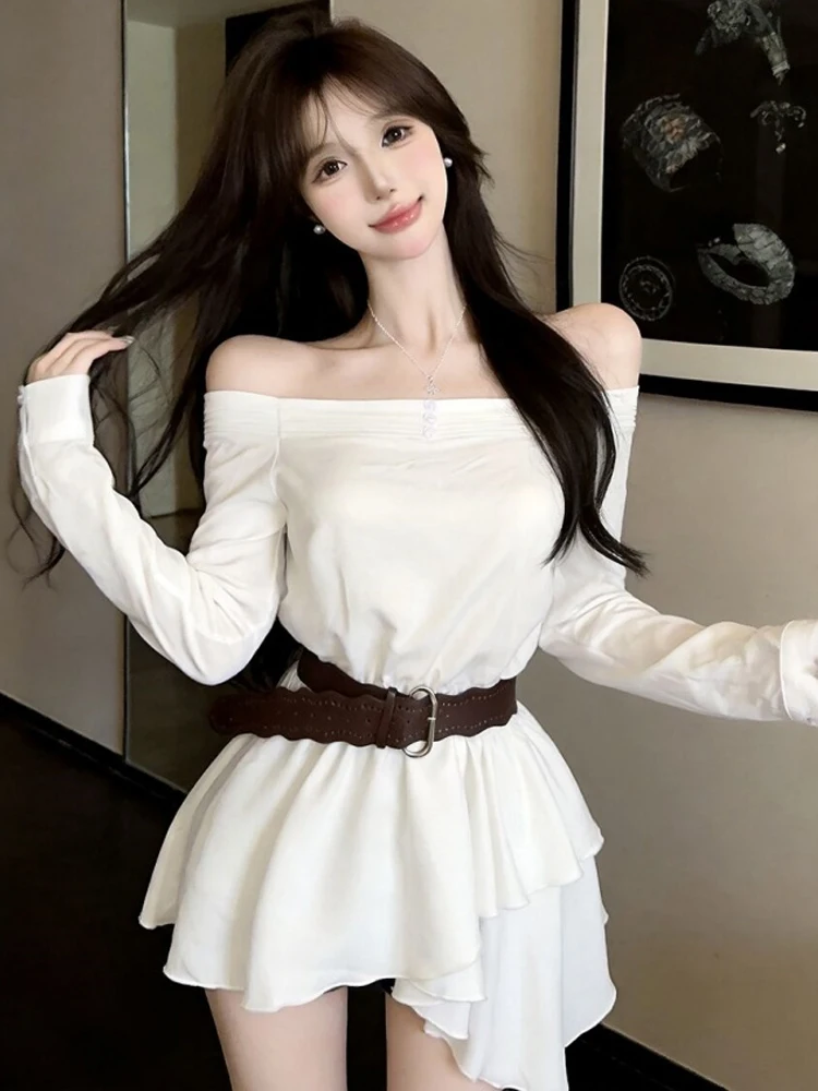 Slimming Mid-Length Pure Color T-Shirt with Belt High Waist Straight Leg Jeans plus Size Casual Wear for Young Women