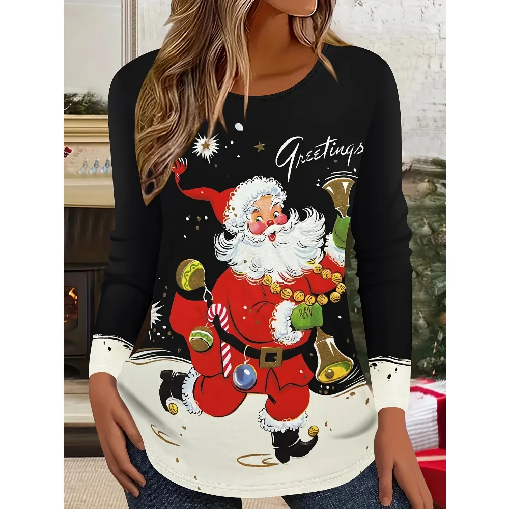 Merry Christmas 3D Print Crew Neck Long Sleeve T-Shirt Fashion Women Clothing Casual Y2k Clothes Harajuku Female Clothing