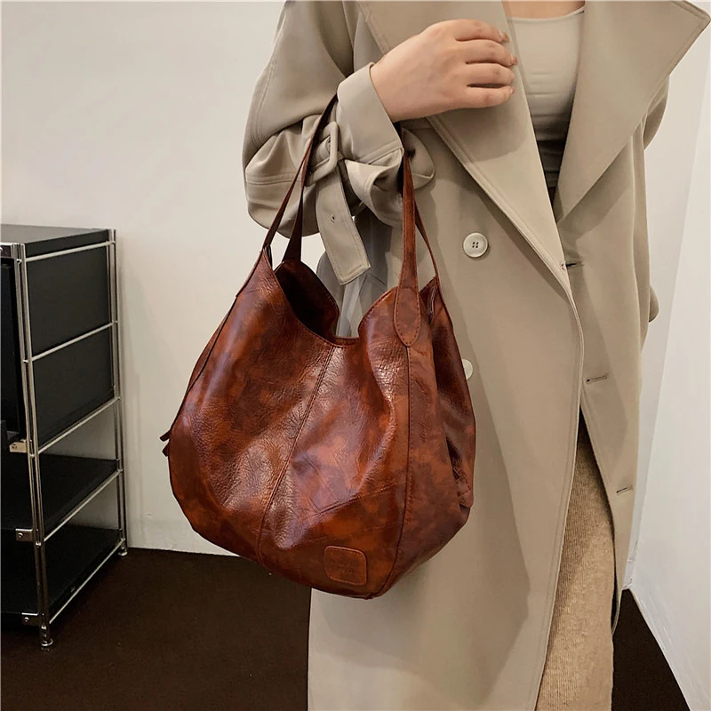 Vintage Women\'s Bag PU Leather Large Capacity Marble Grain Shoulder Bag Daily Commuter Handbag Shopping Totes