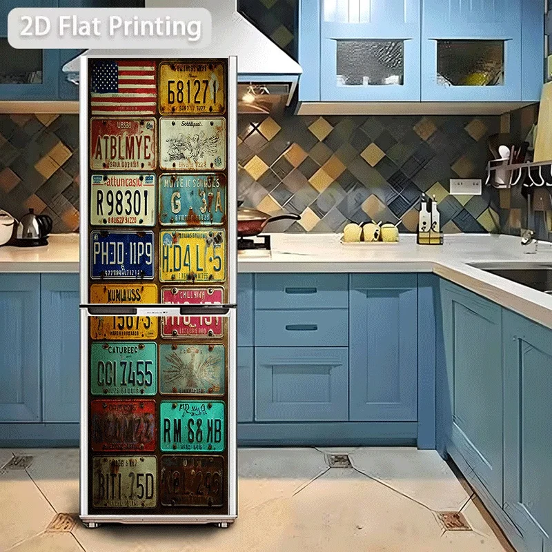 Refrigerator Sticker [60×180 Cm] Collection of Rusty Retro License Plates Themed Design Wall Sticker Decoration Wallpaper Self