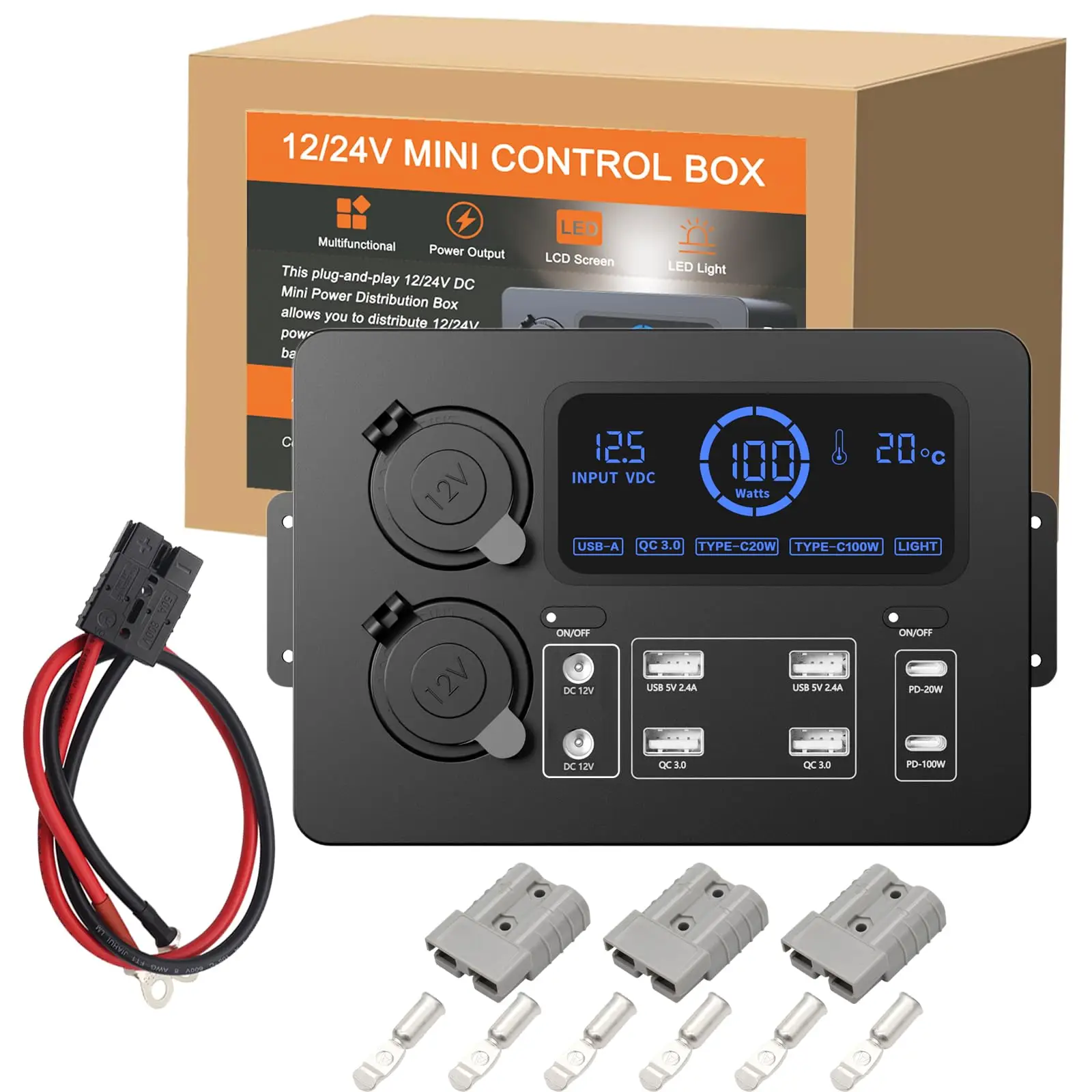 12V Mini Power Socket Box PD100W Fast Charging Multi-function Control Outdoor Power Distribution Equipment Box for Car RV Marine