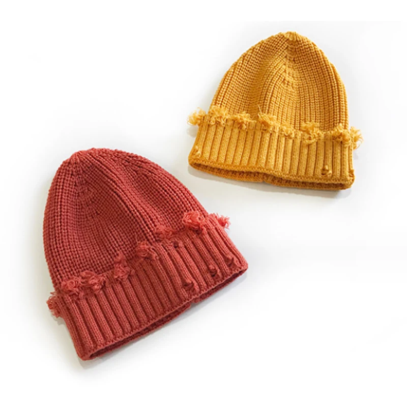 Children\'s Personalized Fashion Broken Hole Knitted Warm Ripped Knitted Hat Korean Hip-hop Elastic Skullies Beanie Cap Winter