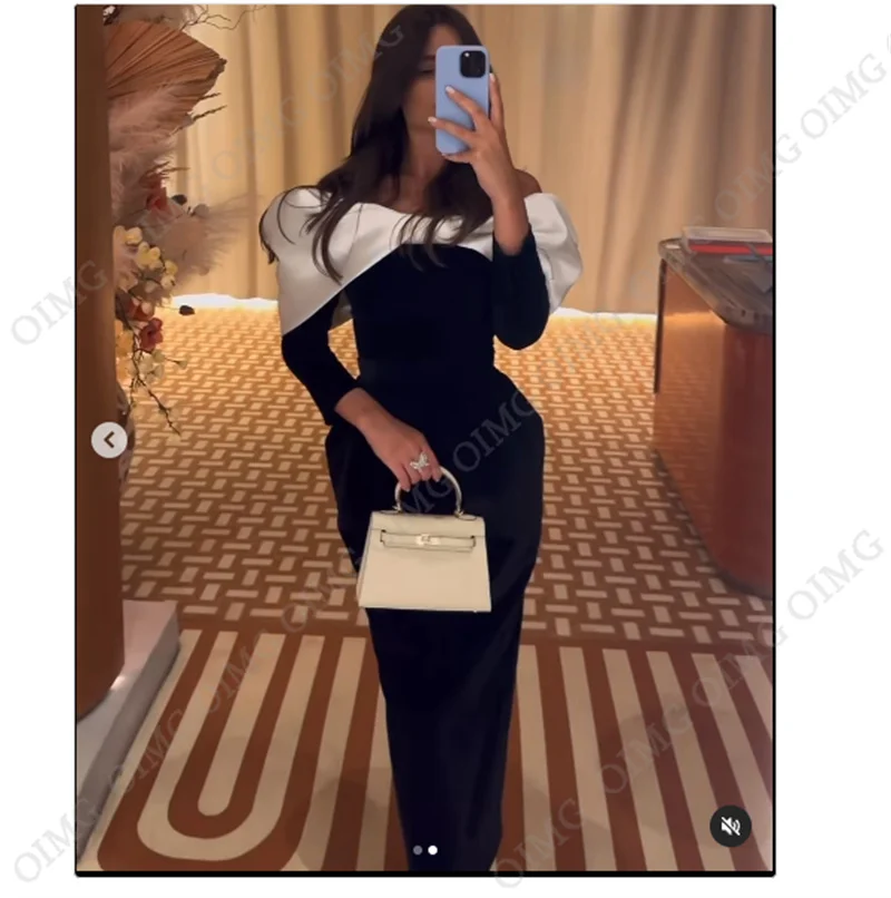 OIMG Saudi Arabic Black/White Bow Satin Evening Dresses Off Shoulder Maxi Prom Gowns Simple Formal Party Occasion Dress 2023