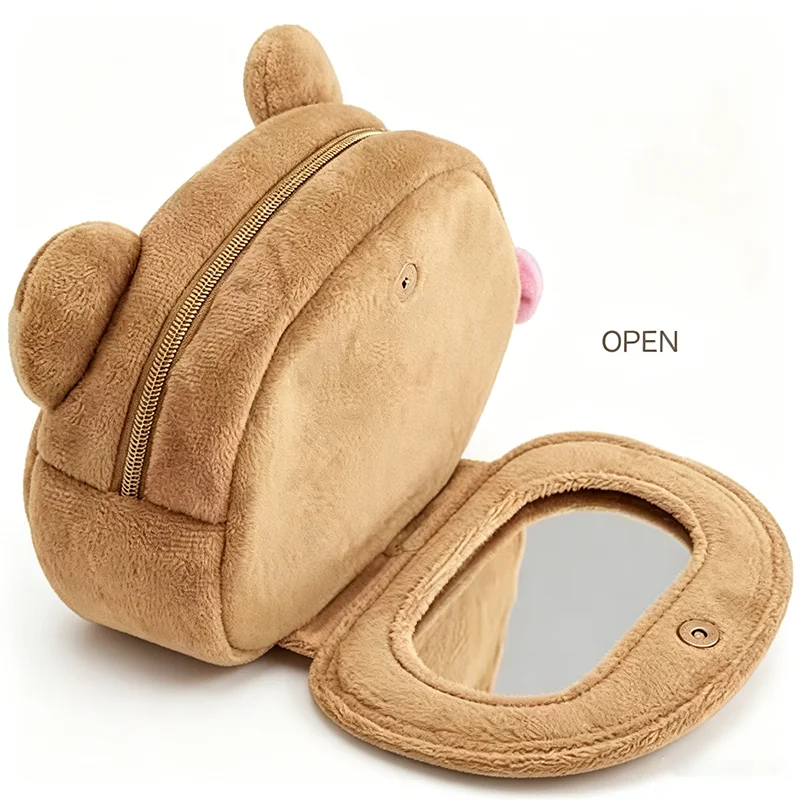 Rilakkumas Bär Kosmetiktasche mit Spiegel, Cartoon Korilakkuma Schleife, Plüsch-Aufbewahrungstasche, Organizer, Kawaii, süße Reise-Kosmetiktasche, Beutel – Detail 2