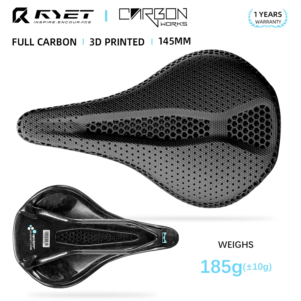 RYET Ultra Full Carbon 3D Printed Bike Saddle 145mm 205g 7*9 High Modulus Carbon Fiber Base MTB Mountain Cycling Seat  Parts