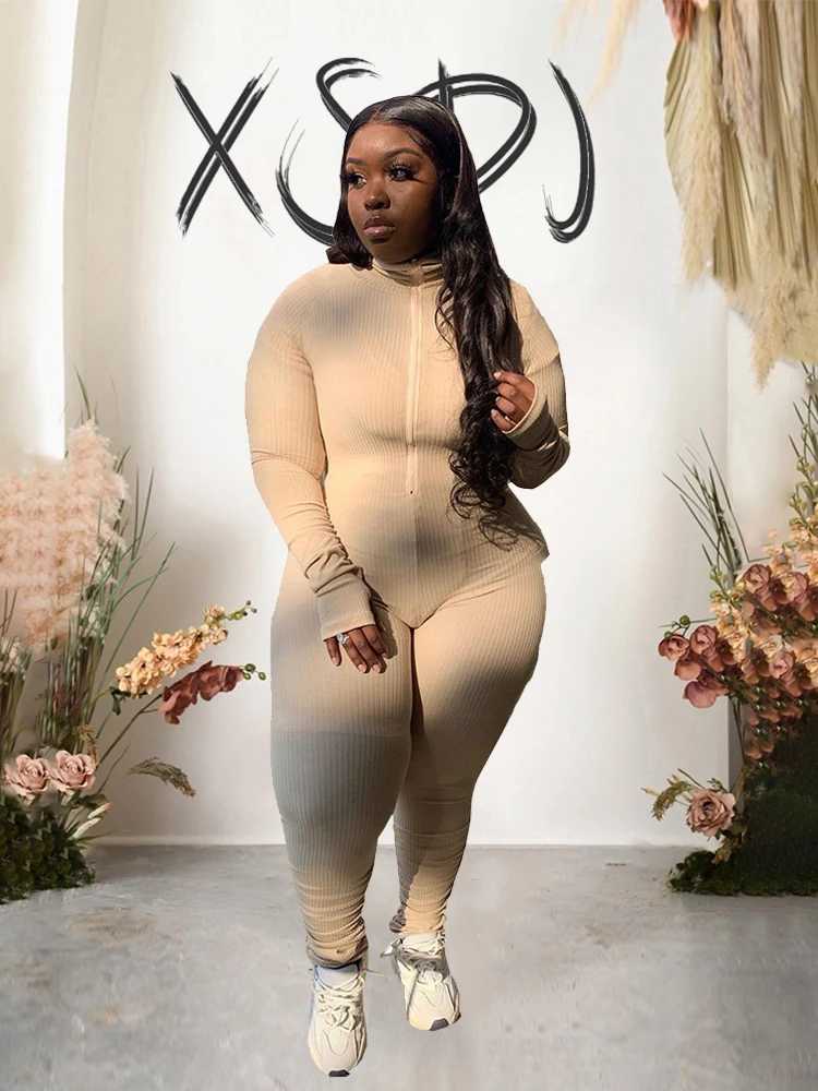 Female Jumpsuit Winter Long Sleeve Zipper Up Ribbed Jumpsuit Women Sexy Slim Fit Plus Size Jumpsuit Wholesale Dropshipping